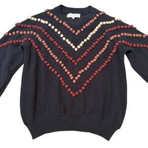The Great. The Bobble Pom Pom Sweater Knit Navy Blue Brown Size 1 / Small